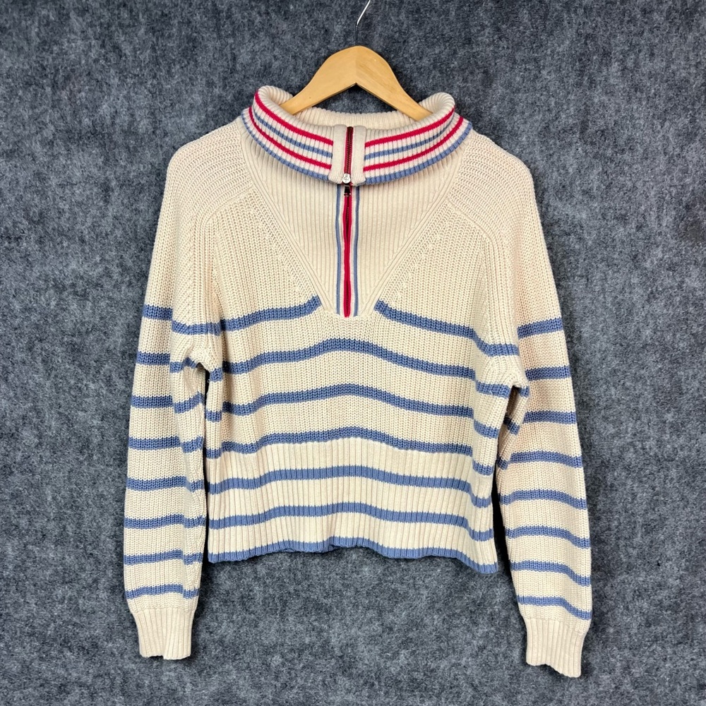 J. Crew Cream & Blue Striped Half-Zip Cowl Sweater with Red Trim